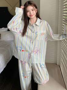 Dazy Plus Plus Size Women Cartoon Floral & Striped Loose Fit 2 Pieces Pajama Set, Comfortable Home Wear For Spring & Autumn - Multicolor - View 4
