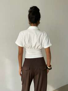 Aloruh 女士春夏立领V领纯白色修身短袖衬衫 - 白色 - 查看 2