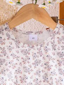 2pcs/Set Young Girl Fashionable Floral Print Cap Sleeve Top And Brown Drawstring Pants Casual Lightweight Summer Outfit - Multicolor - View 4