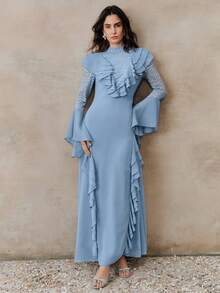 Anewsta Đầm dài tay cổ đứng màu xanh chiffon thanh lịch mới dành cho nữ mùa xuân/hè, phối ren tương phản. - Màu xanh lam - Xem 5