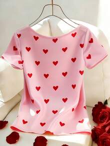 Resyla Stylish And Casual Round Neck Short-Sleeved Heart-Patterned T-Shirt, Pink Valentine's Day T-Shirt, Red Heart-Patterned T-Shirt, Women's Spring And Summer T-Shirt, Pink Top, Elegant Women's Top, Valentine's Day - Pink - View 2
