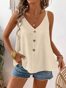 SHEIN LUNE Women's Casual Everyday Commute Vacation Loose Button Decor Camisole, Solid Color, Summer - Apricot - View 6