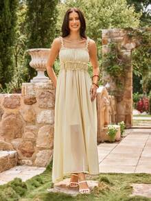 KARISMINA Women's Spring Summer Vacation Beige Solid Color Frill Trim Ruched Elegant Waist Midi Dress, Suitable For Elegant Vacation/Resort Wear, Spring/Summer,Wedding Guests Dres - Pale Yellow - View 6