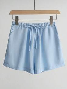 Resyla 女士休闲度假风宽松蓝色条纹长袖衬衫，配有抽绳腰带和蝴蝶结，以及配套蓝色休闲度假风短裤，两件套 - 藍色 - 查看 5