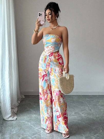 SHEIN Tall Set de 2 piezas: Top tubo corto con lazo y falda estampada, conjunto elegante y romántico para vacaciones para mujeres