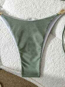 Swim Vcay Solid Color Spaghetti Strap Wireless Shell Decor Top And Side Tie Swim Bottoms Women Summer Bikini Set Set - Army Green - View 5