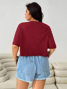 SHEIN EZwear 大码女式酒红色圆领短袖休闲百搭T恤 - 酒紅色 - 查看 2