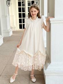 SHEIN Vestido elegante de fiesta y ocasión para niña preadolescente con cuello alto, volantes y parches de malla - Blanco - Ver 5