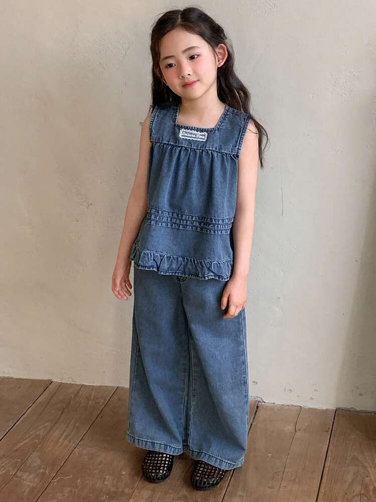 2pcs Young Girl Girls Denim Collared Sleeveless Top And Jeans Set, Fall Outfit Summer