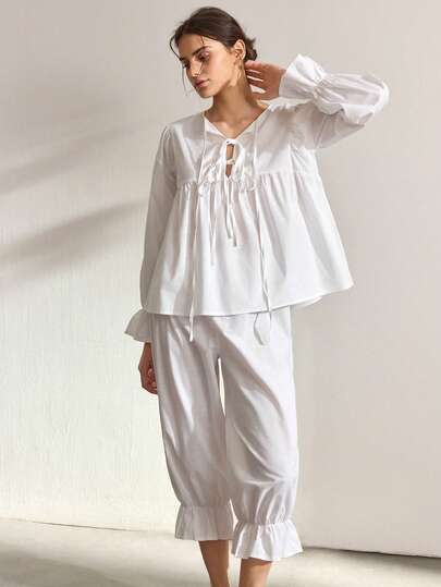 Ocili Women's Solid Color Tie Collar Long Sleeve Top And Pants Casual Loungewear Set