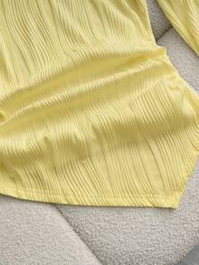 Franclia 女士V领长袖T恤，不对称下摆，褶皱腰身设计，纹理针织面料，休闲时尚长袖上衣，浅黄色上衣，波浪纹理上衣，女士优雅上衣，奶油黄上衣 - 黃色 - 查看 4