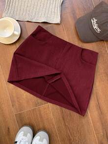 Comfortcana Summer Going Out Low Waist Solid Straight Grey Mini Skirt - Burgundy - View 4