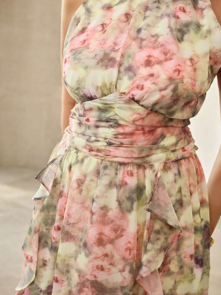 ROBE SANS MANCHES AVEC IMPRIMÉ TOUT-ALLER ET GARNITURE VOLANTÉE ÉLÉGANTE POUR FEMMES