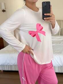 Bộ đồ ngủ cỡ lớn dành cho nữ với nơ phối màu tương phản. - Hồng - Xem 2