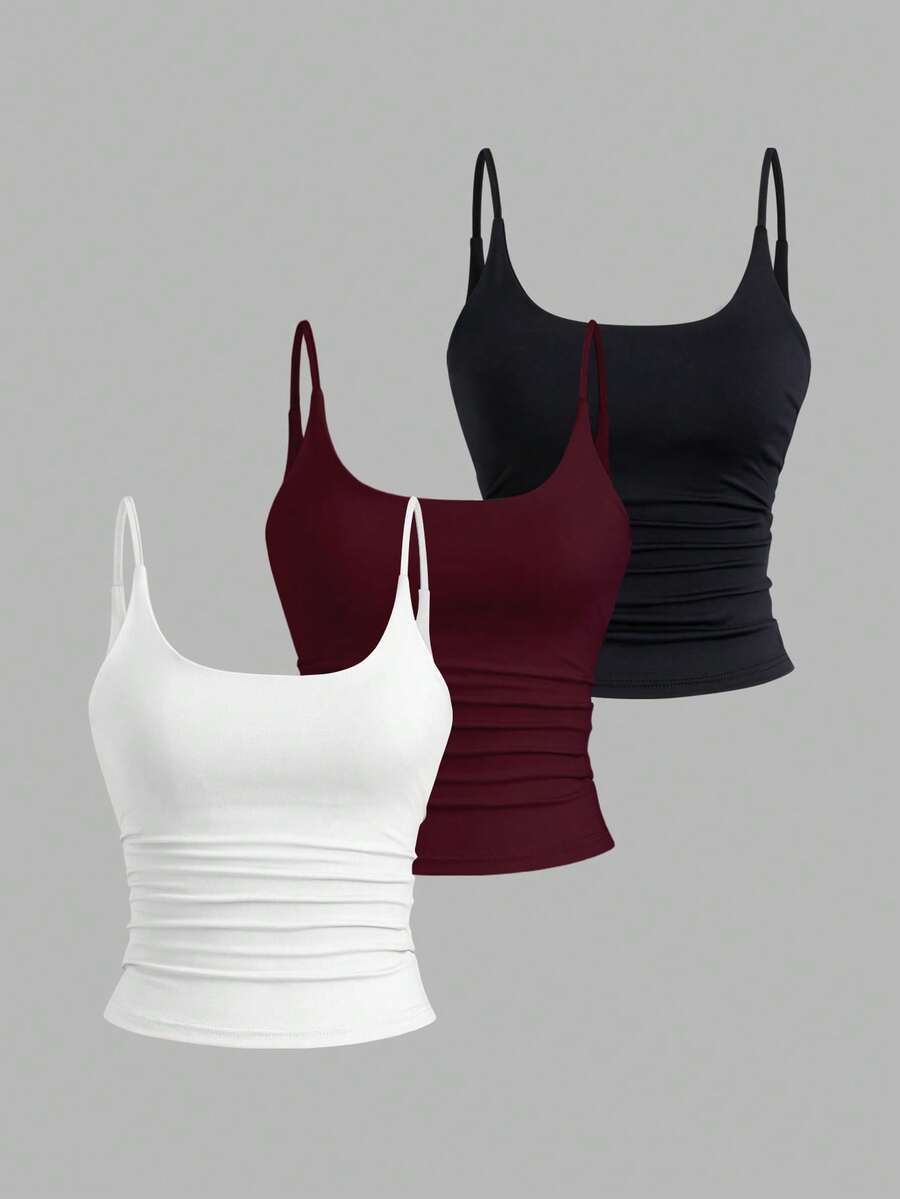 Sweetra 3pcs/Set Women's Sexy Short Casual Commuter Versatile Daily Spaghetti Strap Square Neck Camisole In Apricot, Coffee Brown And Black - Multicolor - View 1