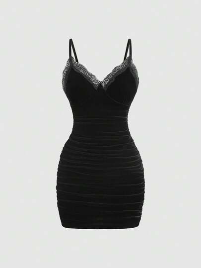 Sweetra Women's Autumn New Sexy Lace Patchwork Velvet V-Neck Camisole Cinched Waist Bodycon Skirt