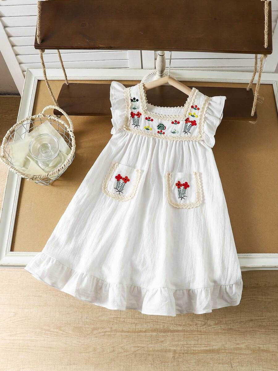 SHEIN Young Girls Floral Embroidered Square Neck Ruffle Hem Dress,Holiday,Summer, Travel - White - View 1