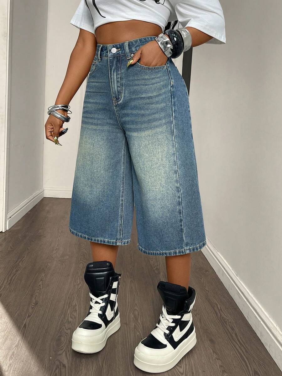 DAZY Women's Casual Daily Commute Fashion Street High Waist Loose Wide Leg 3/4 Length Denim Shorts - Blue - View 1