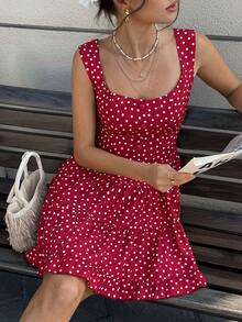 Cévolie 女士波点印花优雅无袖圆领连衣裙 - 酒紅色 - 查看 8