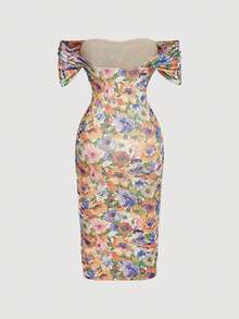 SHEIN MOD Women's Colorful Floral Off-Shoulder Fitted Long Dress, Suitable For Spring/Summer, Date, Garden, Party, Wedding Guest, Afternoon Tea ,Summer Dress - Multicolor - View 4