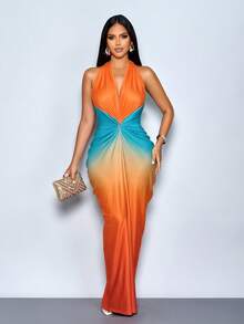 SOLERSUN Women's Spring/Summer Fashion Casual Elegant Vacation Beach Music Festival V-Neck Elastic Elegant Fashionable Long Dress For Women Deep V Dress Ombre Dress Plunge Dress Halter Neck Dress Blue Maxi Dress Summer Sleeveless Printed Dress Beach Vacation Dress - Orange - View 4