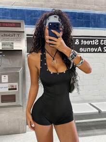 StreetHx Women's Sexy Minimalist Black Keyhole Backless Bodycon Jumpsuit For Party Bodysuit Romper One Piece Bodysuit Black Romper Sexy Clothes Black Bathing Suit Women - Black - View 3