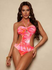 Bonvoyette Women's Sexy Backless Tropical Palm Tree Print One-Piece Swimsuit, Beach Vacation Style - Multicolor - View 3