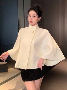 DAZY 宽松商务休闲披肩领大衣，金属扣装饰，适合办公室、婚礼、派对、秋冬季节穿着，加厚女式外套 - 米色 - 查看 5
