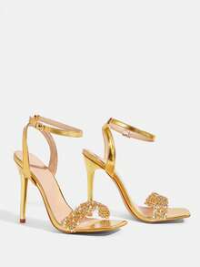 CUCCOO TILAWA Women's Fashionable Sexy Metallic Stiletto Heel Strap Rhinestone Silver High Heel Sandals, Suitable For Banquets, Parties And Other Occasions - Gold - View 4