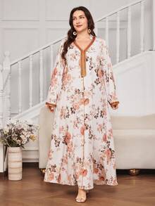 Al Najma Đầm maxi dáng xòe cổ chữ V in hoa kiểu Thổ Nhĩ Kỳ dành cho nữ cỡ lớn, thích hợp cho mùa xuân/thu. - trái cam - Xem 3