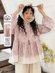 FRIFUL 女士休闲度假风碎花镂空领灯笼袖荷叶边上衣，春秋季 - 卡其色 - 查看 1