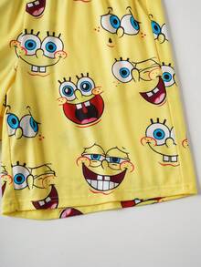 SpongeBob SquarePants | SHEIN 男士趣味卡通图案短袖上衣和短裤家居服套装，夏季 - 黃色 - 查看 8