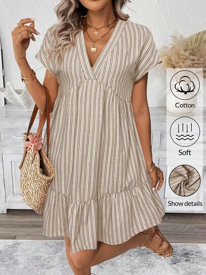 SHEIN LUNE Women's Casual Striped V-Neck Short Sleeve Mini Dress, Suitable For Daily Wear, Vacation And Outdoor Activities, Spring/Summer