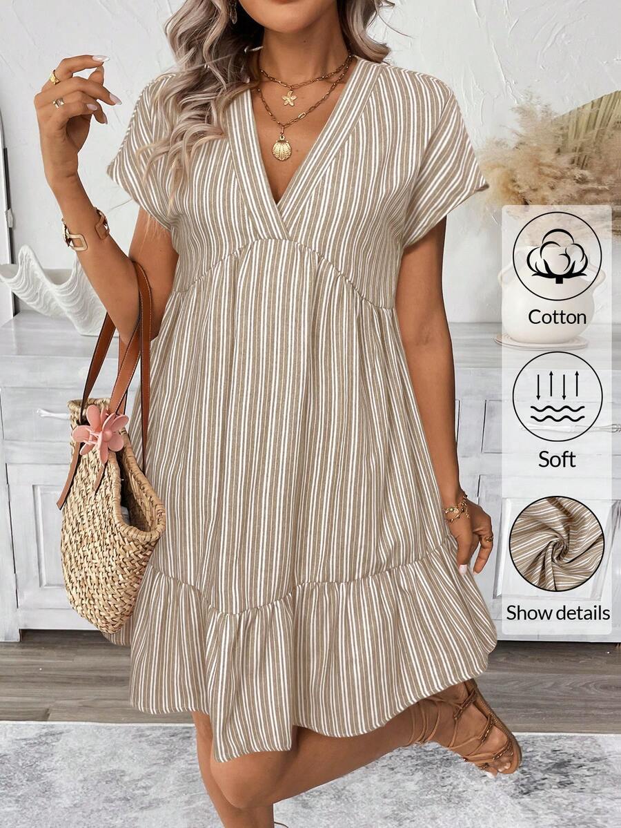 SHEIN LUNE Women's Casual Striped V-Neck Short Sleeve Mini Dress, Suitable For Daily Wear, Vacation And Outdoor Activities, Spring/Summer - Apricot - View 1