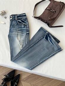 Elamini Y2K 时尚休闲复古重度水洗低腰喇叭牛仔裤 - 中等水洗藍 - 查看 4