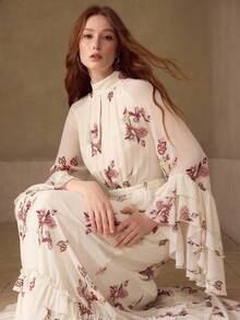 MOTF PREMIUM WOMEN'S FLORAL PRINT LAYERED RUFFLE HEM MID-LENGTH SLEEVE MOCK NECK MIDI DRESS, SPRING/SUMMER - Apricot - View 6