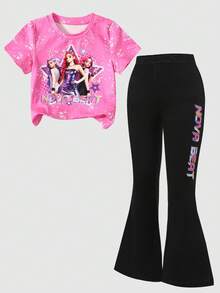SHEIN 2pcs/Set Girls' Casual KPOP Graphic Print Short Sleeve T-Shirt And Pants Set, Summer - Pink - View 4