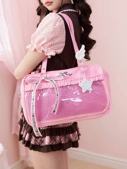 ROMWE Anime 1pc Cute Sweet Bow Heart Lace Patchwork Polka Dot Pop Art Women Tote Bag, 2nd Gen Snack Quantity Music Note Music Festival Transparent Layer Badge Doll Display Shoulder Bag, Suitable For Shopping, Campus