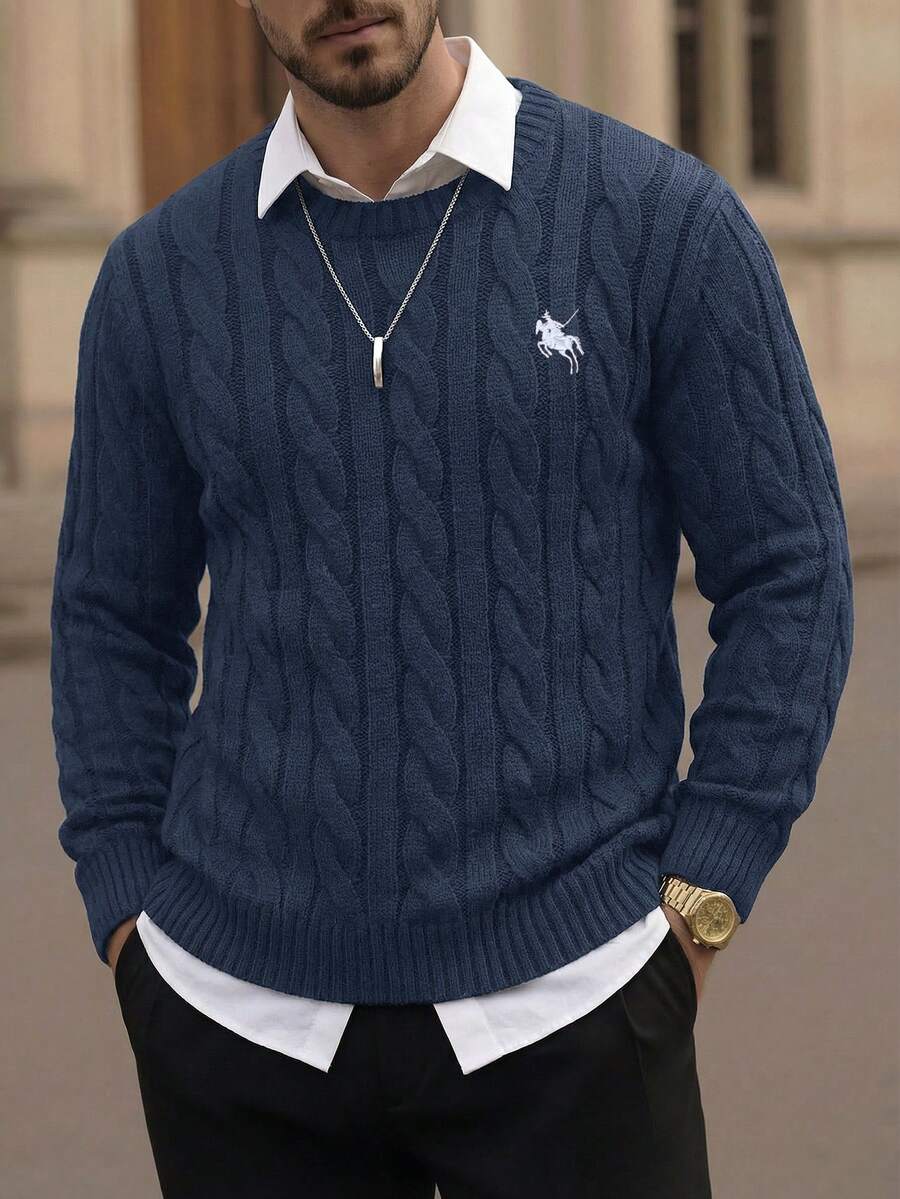 HIMLAND Suéter de cuello redondo versátil y de moda para hombres, suéter de punto de cable para hombres en otoño/invierno, suéter azul marino para hombres, atuendo azul marino, suéter azul marino, suéter tipo polo