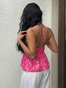 Sunnyshic Áo hai dây nữ mùa hè, phong cách boho, họa tiết, hở lưng, viền bèo nhún, kiểu dáng thường ngày. - Màu Hồng Tươi - Xem 2