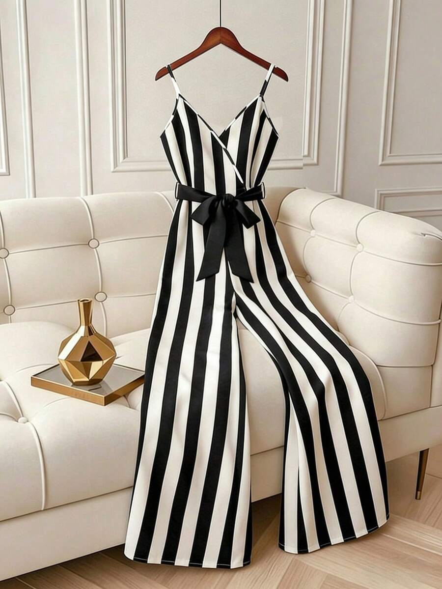 SHEIN Franclia 女士优雅通勤黑白条纹蝴蝶结腰带连体裤，春夏款 - 黑與白 - 查看 1