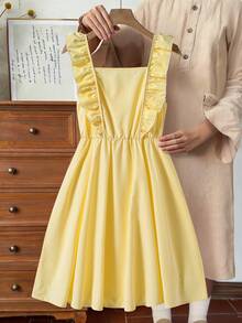 Girls' Cute Yellow Striped Dress,Summer Holiday Bow Decoration Ruffle Edge Hem Button Loose Comfortable Soft Design For Tea Party,Daily Wear,School - Multicolor - View 4