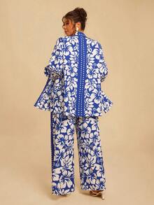 Travachic 大码女装蓝白碎花两件套，长袖衬衫搭配阔腿裤，岛屿休闲风碎花套装，适合春季、夏季度假、海滩、外出、休闲等各种场合，碎花套装，夏季裤装，夏季和服套装，蓝白女装，夏季蓝色套装 - 藍白色 - 查看 2