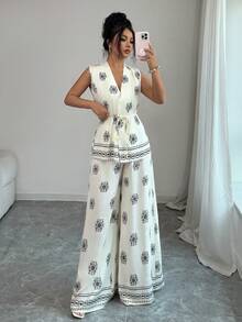 Elenzga Women's Printed Sleeveless Cropped Top + Wide Leg Printed Pants 2 Pieces Set - Multicolor - View 4