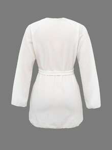 Bonvoyette Sommerurlaub sexy einfarbiges Raglanärmel lässiges weites Glockenärmel Bindetaille Damen Kleid - Weiss - Übersicht 5