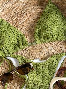 Swim Vcay 2pcs Textured Fabric Beaded Decor Triangle Bra & Tie Side Bikini Swimsuit Set, Sexy Women Summer Holiday Beach Accessories Beach Set For Women Knit Sets Green Vacation Outfit Olive Green Bikini - Olive Green - View 3