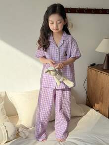 Dazy Kids 女童格子短袖睡裤套装，春夏款 - 紫色 - 查看 3