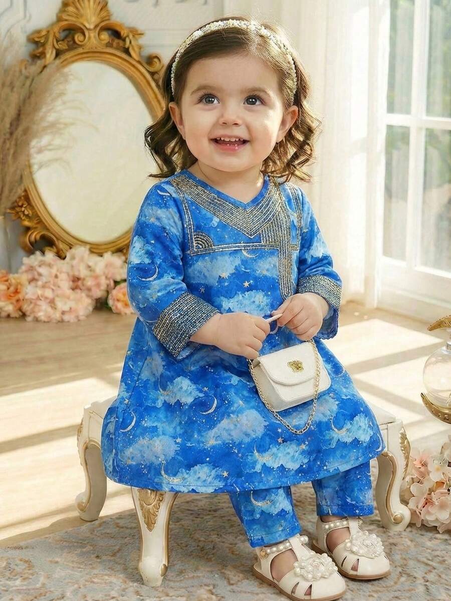 SHEIN 女婴紫色碎花边套头衫和配套长裤套装,适合外出、休闲穿着、派对场合 - 藍色 - 查看 1