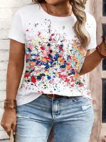 EMERY ROSE New Plus Size Women Fashion Printed & Spray Painted Round Neck Short Sleeve T-Shirt - Multicolor - View 7