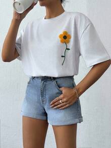 SHEIN 100%純棉大尺碼女款休閒短袖白色T恤，附刺繡細節 - 白色 - 查看 3